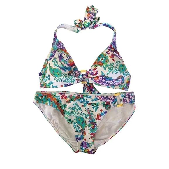 Ralph Lauren Colorful Cabana Paisley Ring Front Halter Bikini Set Size 12 - Picture 2 of 16